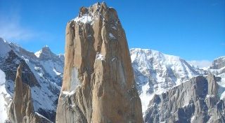 The face of Great Trango Tower standing high in the Karakorams